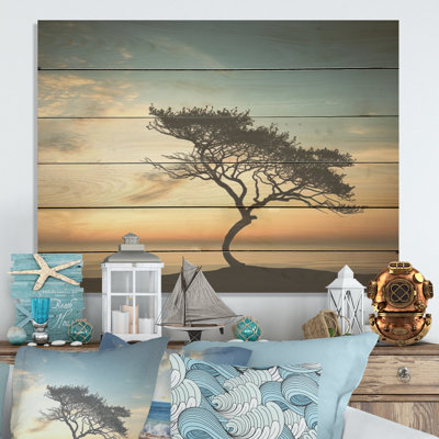 Monochrome Black And White Tree Skyline I - Coastal Sunset Wood Wall Art On Natural Pine Wood