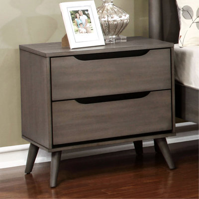 Mid-Century Modern Solid Wood Gray Nightstand With 2 Drawers For Bedroom Decoration 2 In Base
