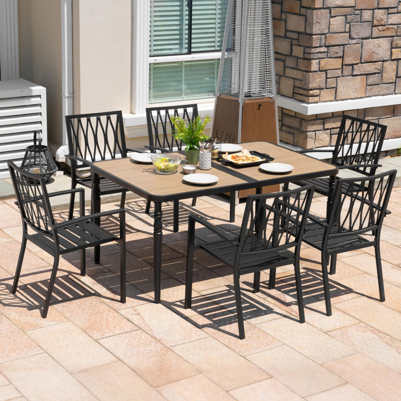 Patio Metal Dining Set With 6 Stackable Chairs And Umbrella Hole, Brown