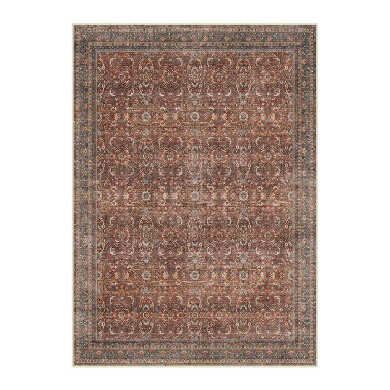 Amber Machine Washable Vintage Flora Area Rug with Non-Slip Backing, Rectangle 9' x 12'