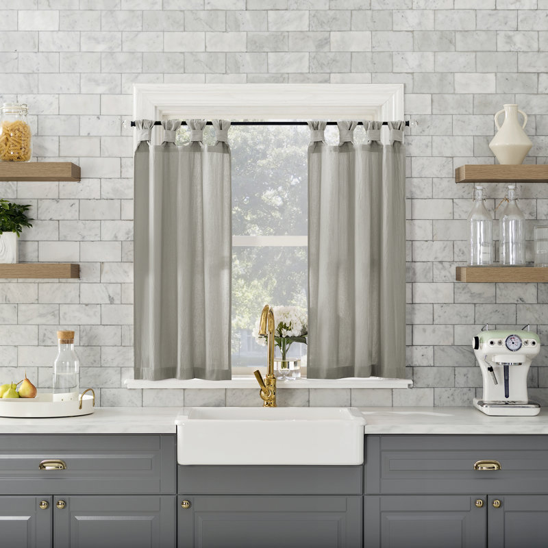 Paire de rideaux de cuisine semi-transparents en coton délavé avec pattes Archaeo Sarro, L 52 po x L 36 po, Argent