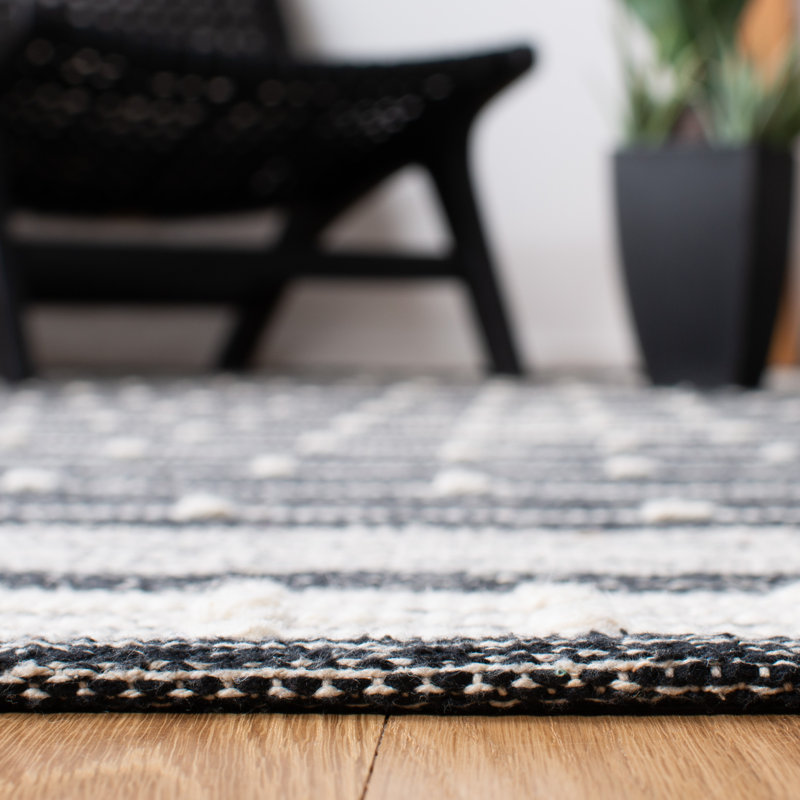 Tapis rayé en coton / laine tissé à la main en noir / blanc Henneman, Rectangle 5 pi x 8 pi