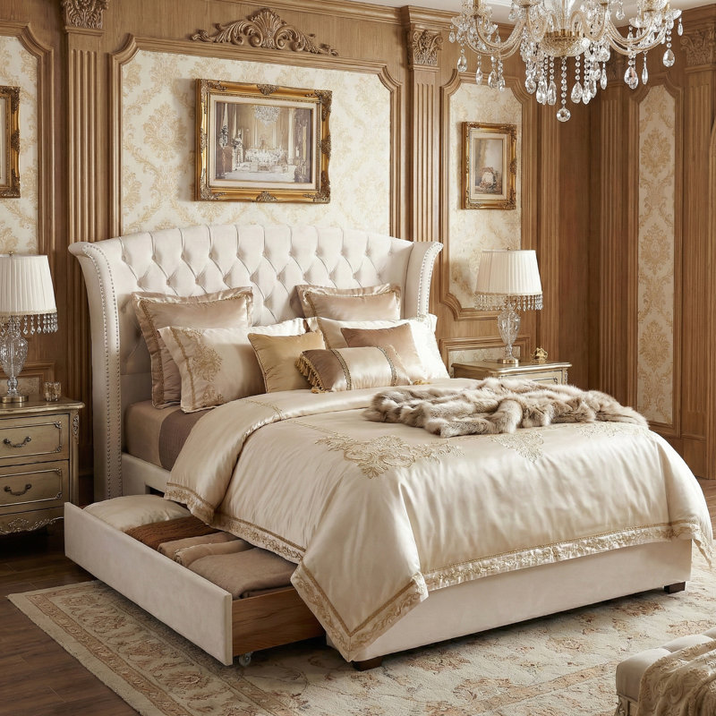 57" Velvet Button Tufted Wingback Full Bed Frame with Storage Drawers, No Box Spring Needed, Black, Full, Black