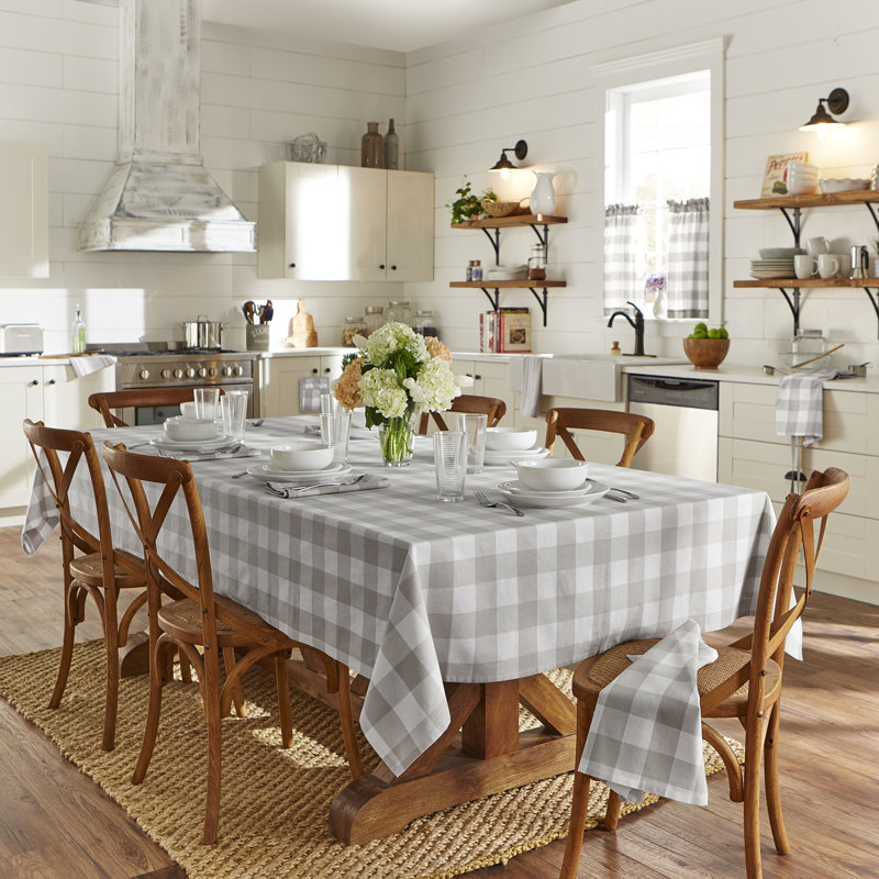 Skookum Buffalo Check Tablecloth, 102" L x 60" W, Gray/White