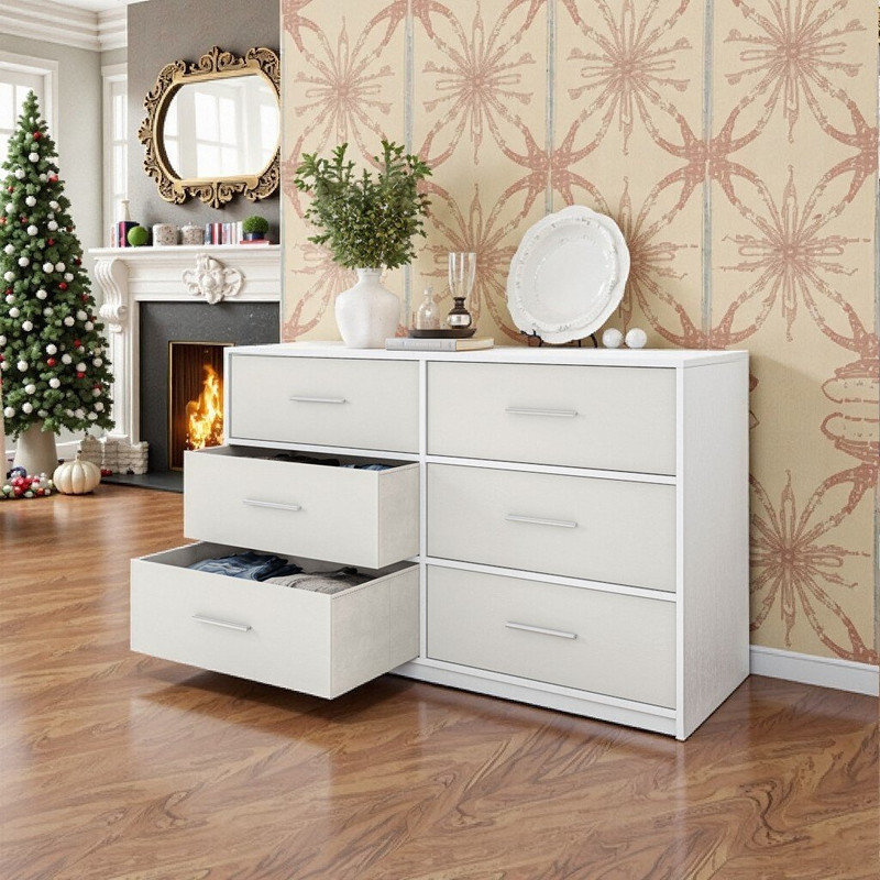 Commode de rangement 6 tiroirs avec grands tiroirs en tissu, plateau en bois résistant à l'eau, largeur 44,5 po, Blanc