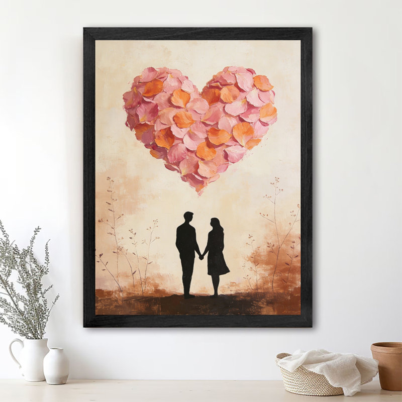 Reproduction d'art encadrée noire, peinture à l'huile en forme de cœur floral, thème de la Saint-Valentin, H 37 po x l 25 po