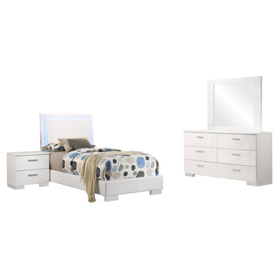 Ensemble de chambre à coucher pour lit simple 4 pièces Sok, blanc moderne, tête de lit tapissier à DEL