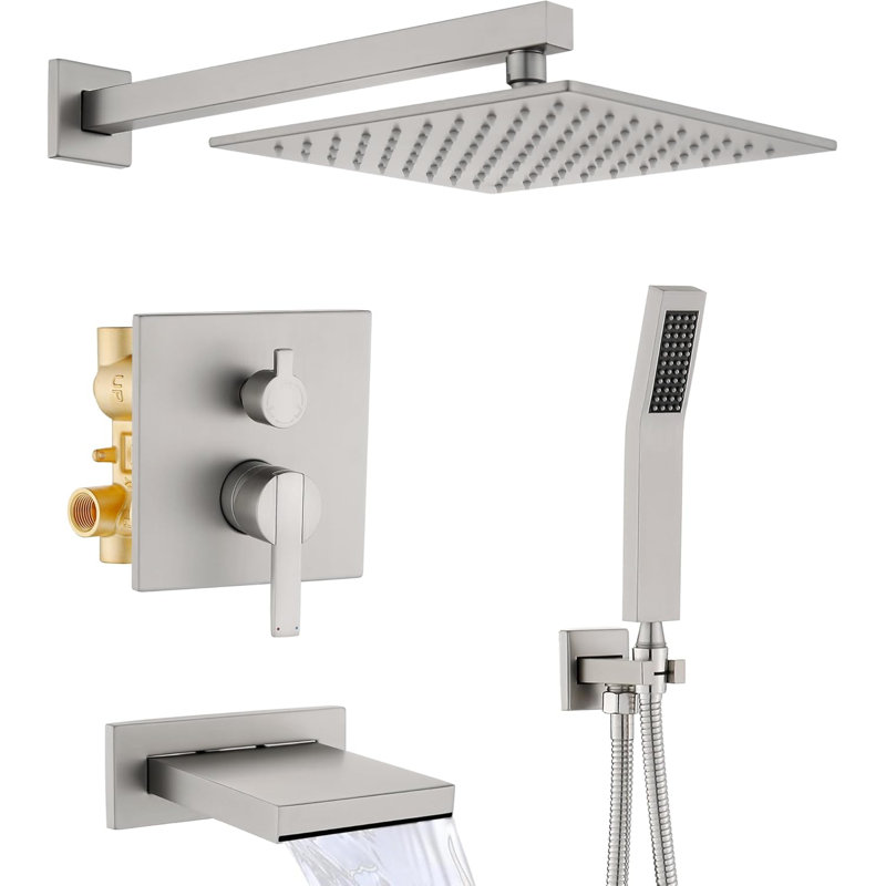 All Metal Shower System With Tub Spout, High Pressure 10 Inch Rain Shower Head And Handheld Shower Set, (Valve Included)