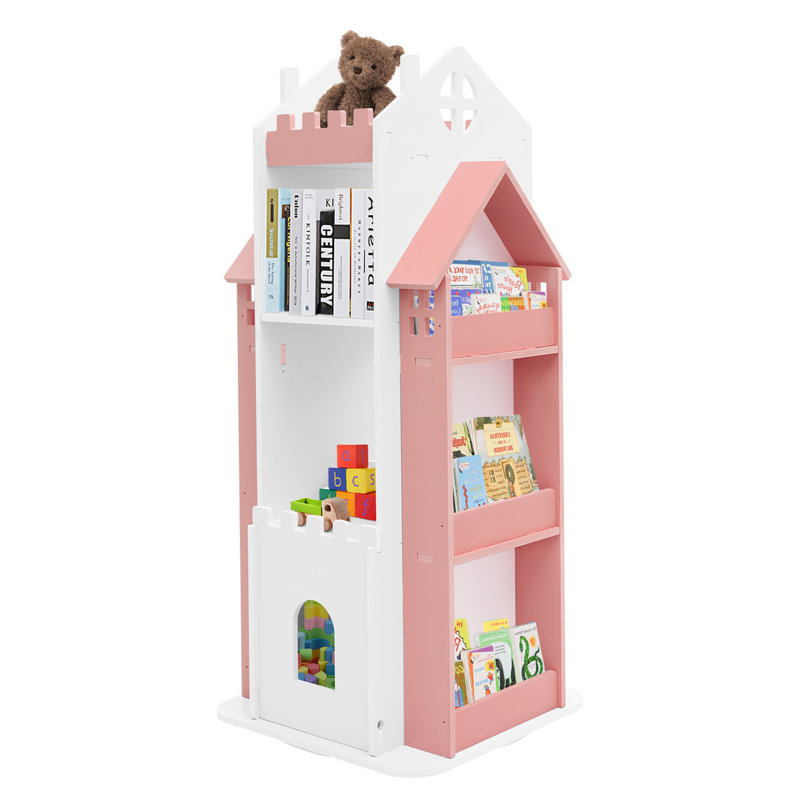 Book Display Shelf Rotating Children's Bookshelf Free Standing Standing Bookshelf, Pink/White