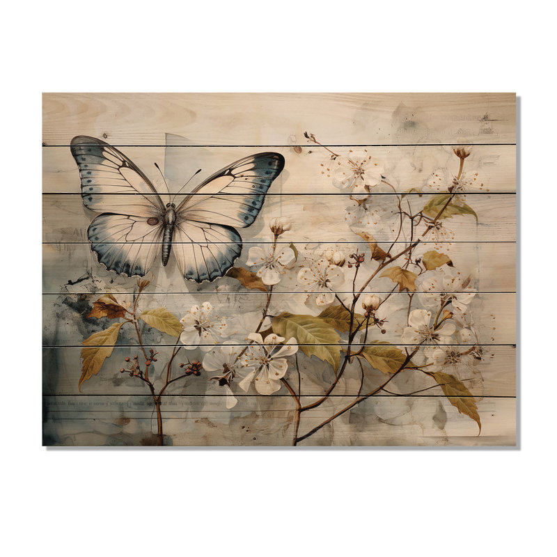 Papillon beige aperçu de sérendipité sur bois, H 10 po x l 20 po x P 0,78 po