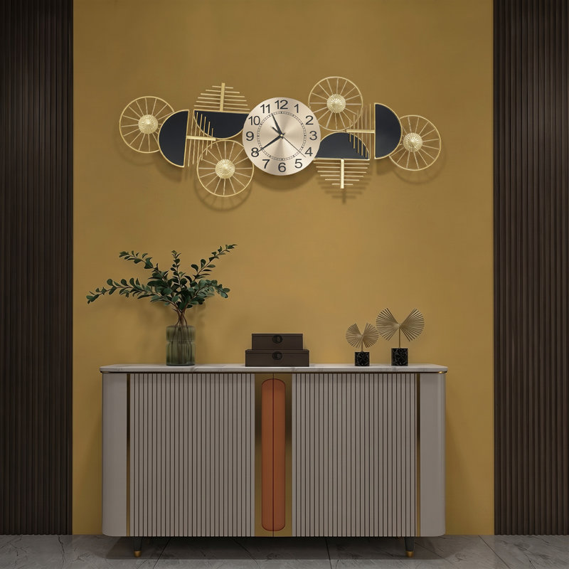 Grande horloge murale silencieuse, 99 cm (39 pouces), horloge murale moderne en métal noir et or pour salon et chambre