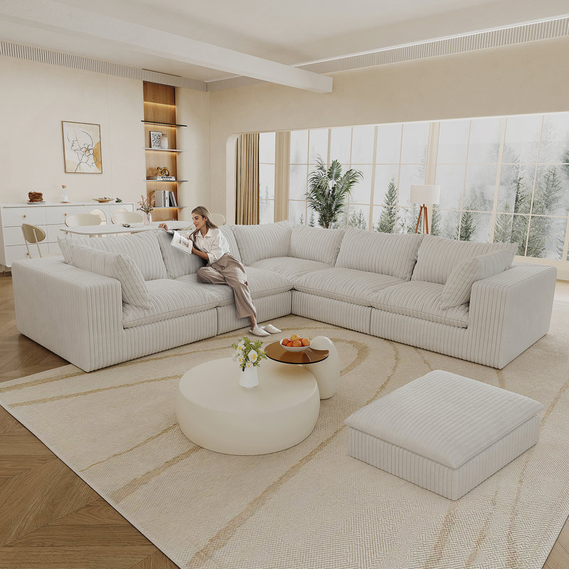 Canapé Cloud, tissu velours côtelé, sièges profonds, conception à deux couches, coussin amovible, Blanc
