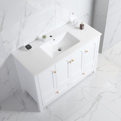 Meuble-lavabo en céramique blanc de 48 po avec rangement abondant comprenant 4 portes à fermeture en douceur et une armoire à 2 tiroirs à cadre en bois massif pour une durabilité sans tracas - Entretien apaisant et longévité artisanale