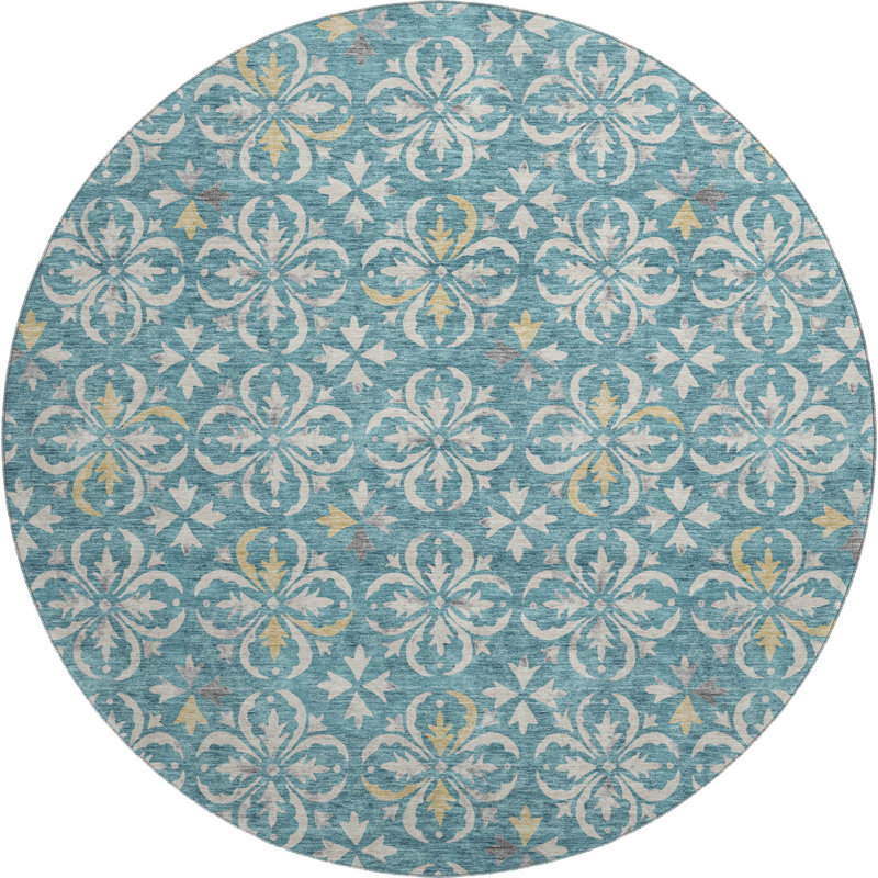 Premium Machine Washable Prisco Teal Rug, Round 8'