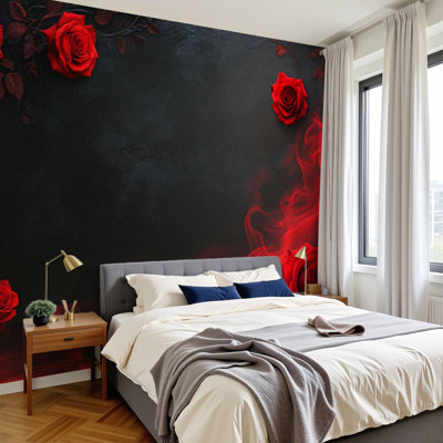 Peel and Stick Wallpaper 96" W x 69" H Modern Self Adhesive Wall Mural for Bedroom Gothic Romantic Red Roses Effect Black Vintage Flowers