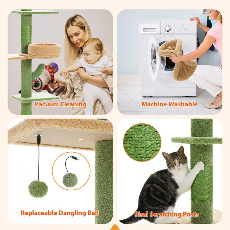 Floor To Ceiling Adjustable Height Cat Tree, 5 Levels Cactus Cat Tower With Cat Perch & Replaceable Hammock