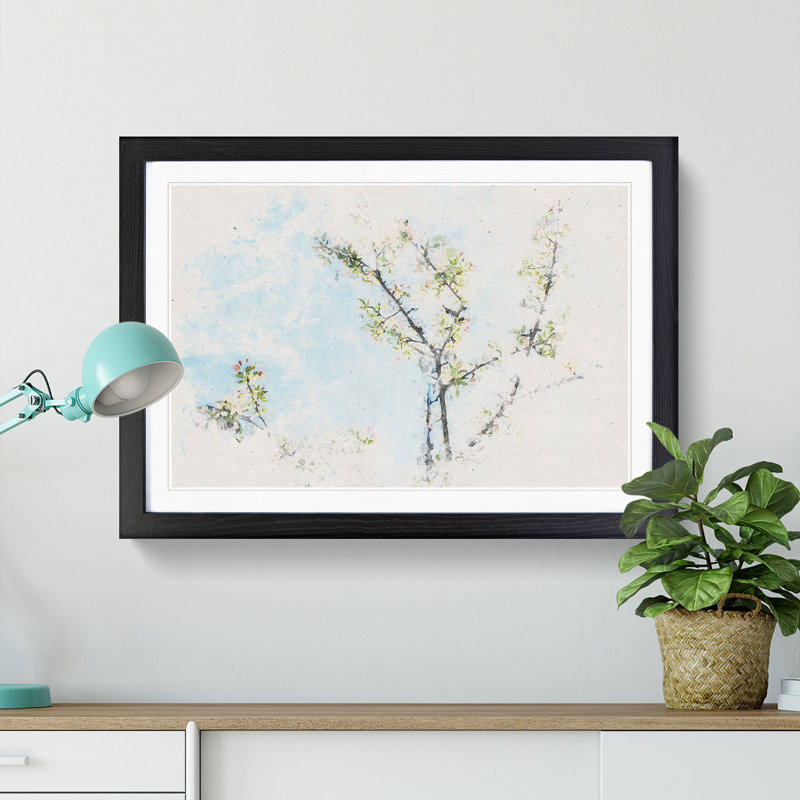 A White Cherry Blossom Tree Watercolour - Single Picture Frame Print on MDF, 40cm H x 60cm W x 2cm D, Black Framed