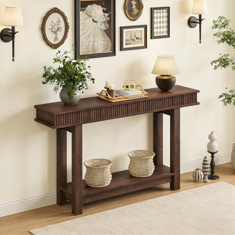 55" Farmhouse Fluted Console Table with Shelf Storage, Narrow Wooden Entryway Table for Behind Couch, Foyer, Hallway, Living Room