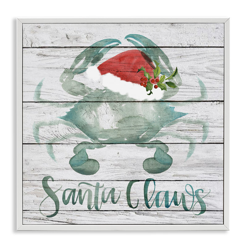 Santa Claws Blue Crab Nautical Pun Christmas, Coastal White Framed Giclee, 17" H x 17" W