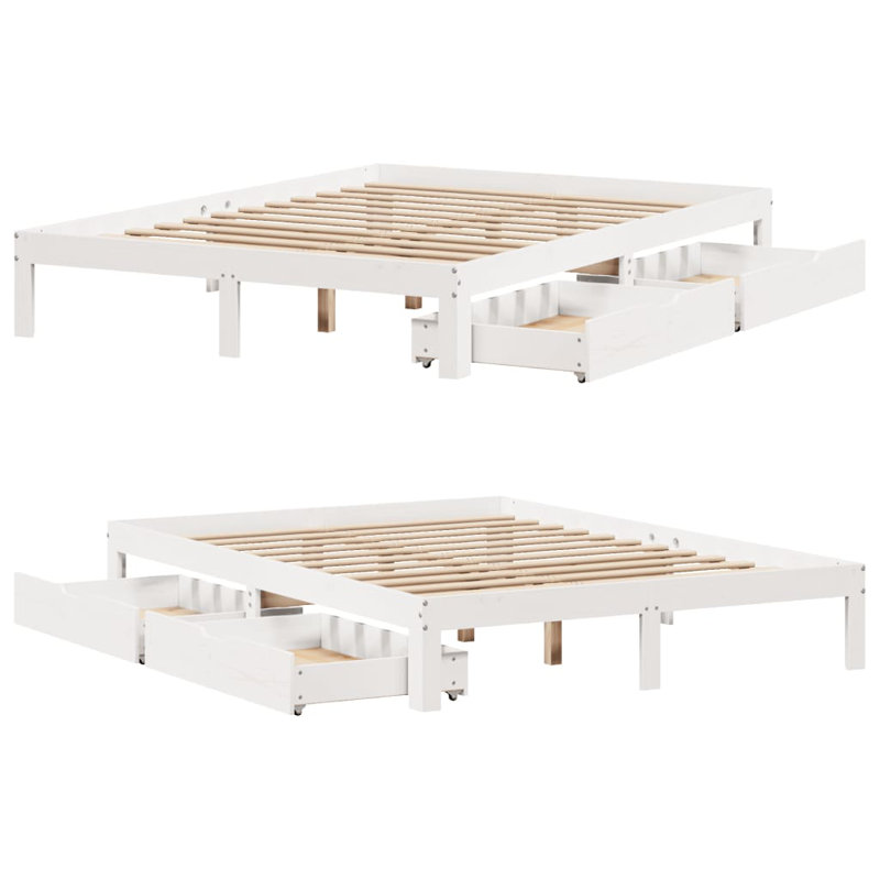Abrianne Solid Wood Drawers Bed Frame, 30cm H x 203.5cm W x 123.5cm D, White