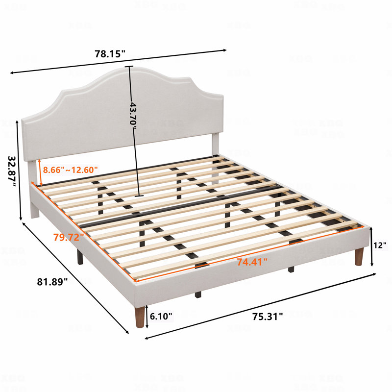 Lit plateforme tapissier avec tête de lit ajustable, rembourrage en tissu de lin, Très grand lit