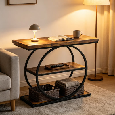 Table de console d'entrée pour le salon, table de couloir étroite à 3 niveaux avec cadre rond et tablettes de rangement, mobilier d'appoint de style industriel pour le vestibule, le couloir ou à côté du canapé, brun