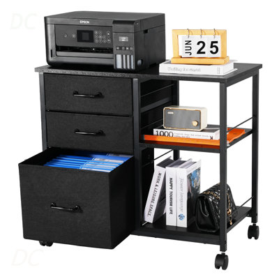Mobile Metal File Cabinet With 3 Fabric Drawers And 2 Open Shelves Black, Sideboard