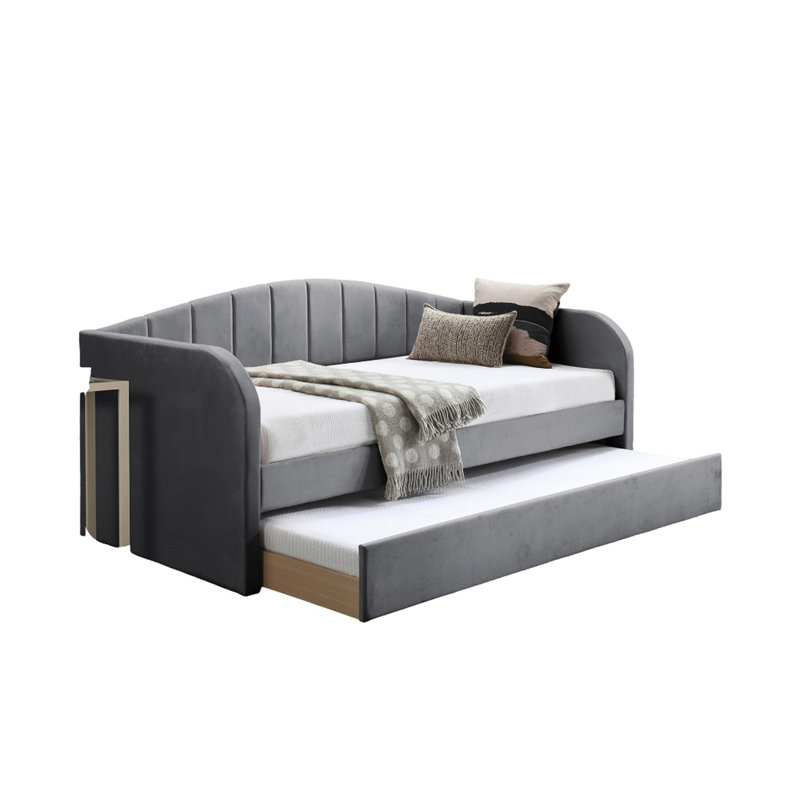 Lit de jour de style moderne 1 pièce avec couchette, lattes et tissu de velours pour un confort et une élégance ultimes, Gris