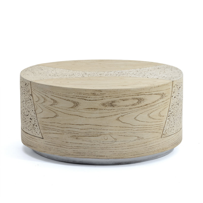 28" Round Natural Travertine Stone Coffee Table, Sahara Oak Travertine