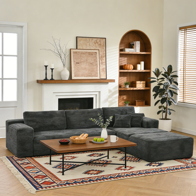 106.5" Boneless L-shaped Corduroy Upholstered Three-seat Lounge Sofa With Chaise And Ottoman, No Assembly Required