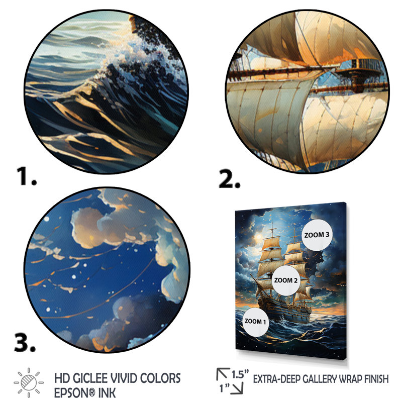 Pirate Boat Silent Nightfall - Nautical & Beach Canvas Wall Art, Encadrement doré, H 32 po x l 16 po x P 1 po
