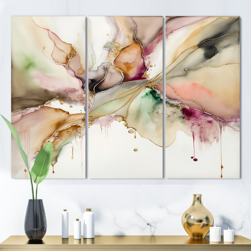 «Liquide univers avec une touche d'or IV», ensemble d'art mural abstrait à encre liquide, H 28 po x l 36 po x P 1 po