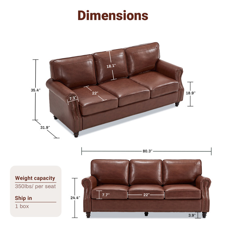 Amarius 80" Wide Rolled Arm Sofa, Café noir