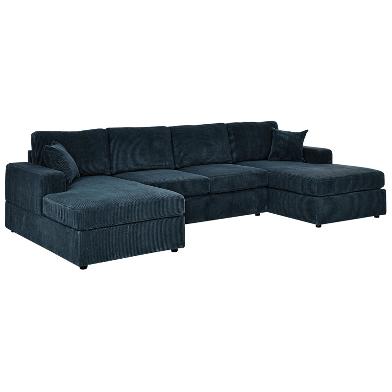 3 - Piece Corduroy Double Chaise For 4, Engineered Wood Frame, Blue Upholstery, Square Arms, Removable Cushions And Modern Minimalist Living 4 People, Foam Filled Cushions, Interior Design