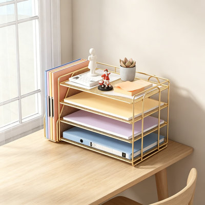 4-Tier Metal Paper Organizer with Magazine Holder, Desktop File Organizer for Office Supplies, Heavy Duty Workspace Storage for A4 Papers, Files, and Accessories