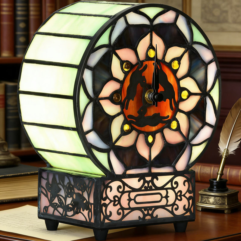 Horloge de bureau et lampe de table en verre coloré Tiffany