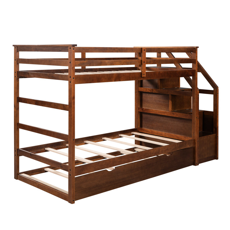 Lit superposé Twintwin avec aspect noyer et lit gigogne pour le rangement des escaliers en bois massif,