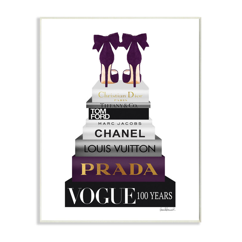 « mode designer chaussures bookstack purple gold », art textuel, Plaque murale, H 19 po x l 13 po