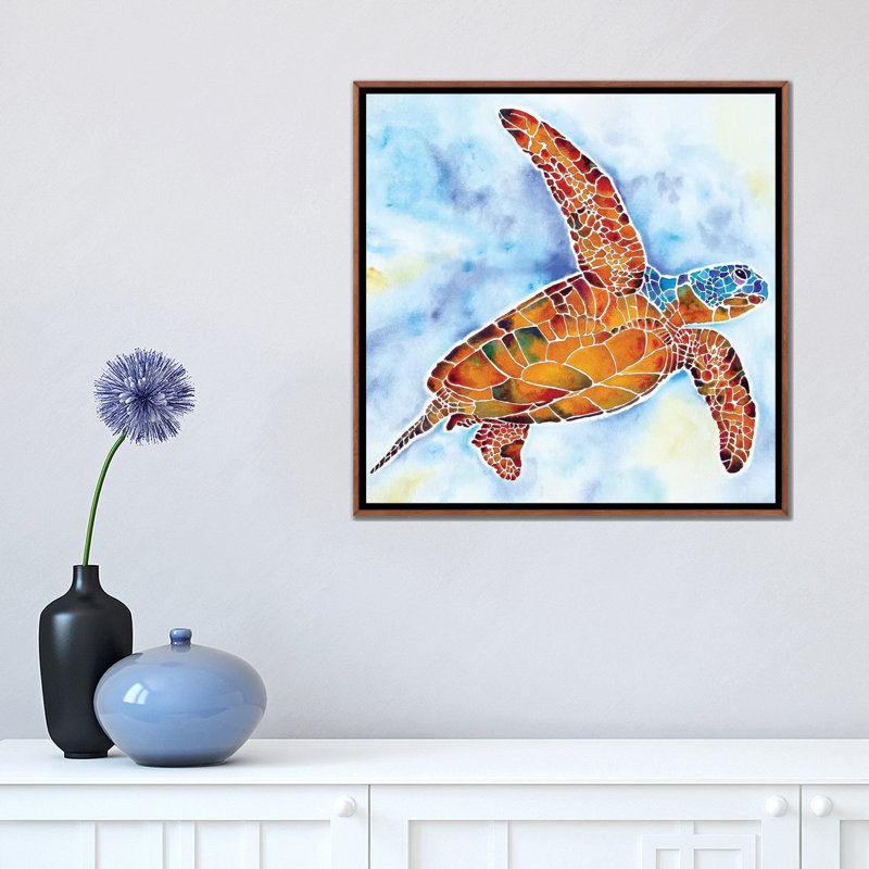 «Sea Turtle Ponce Inlet» par Jo Lynch - reproduction, H 18 po x l 18 po x 1,5 po, Toile avec cadre brun, Aucun mat