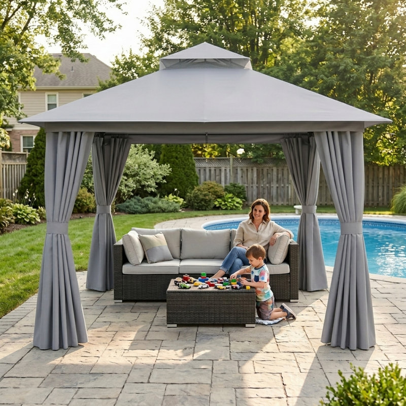 Gazebo de terrasse Yardgrace 3 m x 3 m avec toit souple, auvent à 2 niveaux, moustiquaire et rideaux d'intimité, gris, Gris