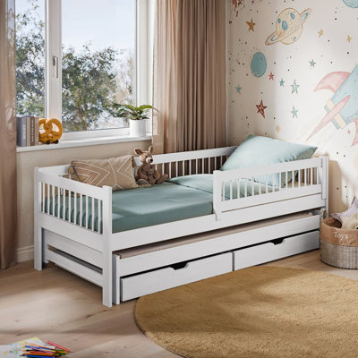 Wooden Bed Thyrvi White - Crisp Trundle Bed with Dual Drawers & Removable Guardrail