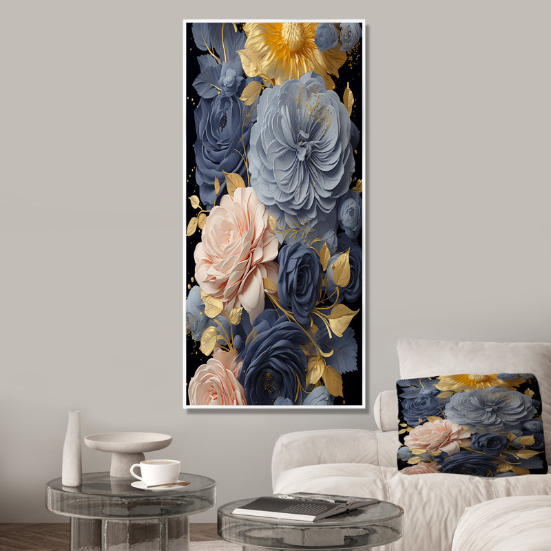 Or rose et bleu Elegance III - art mural rose, Cadre flottant blanc, H 40 po x l 30 po