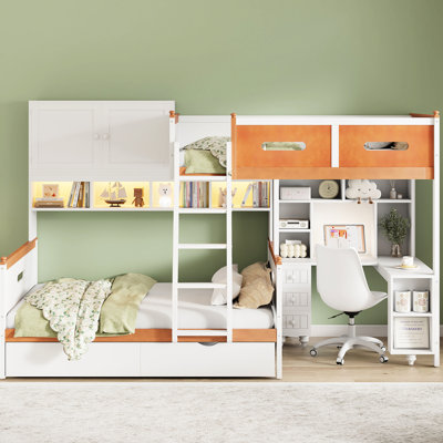 Twin Over Full Bunk Bed With Built - In Desk, Storage Drawers, Shelves, Cabinet And Led Strips, Modern White + Orange Design For Teen Bedrooms Lighting, Ideal Guest Rooms, Space Saving
