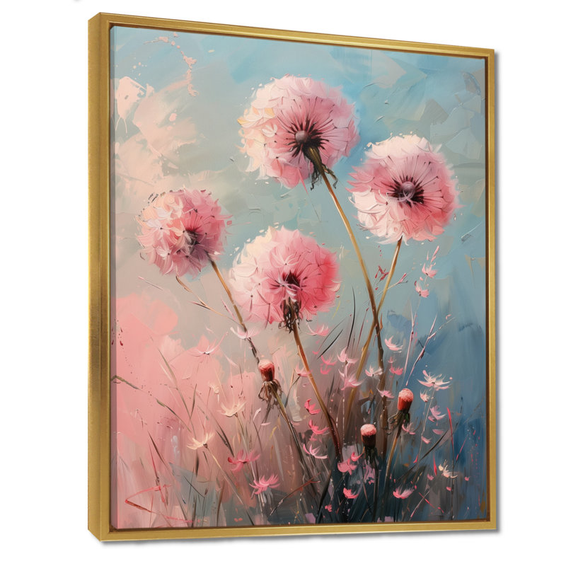 Été rose bleu pissenlit Rêve II - Pissenlit, art mural, Cadre flottant doré, H 44 po x l 34 po x P 1,5 po