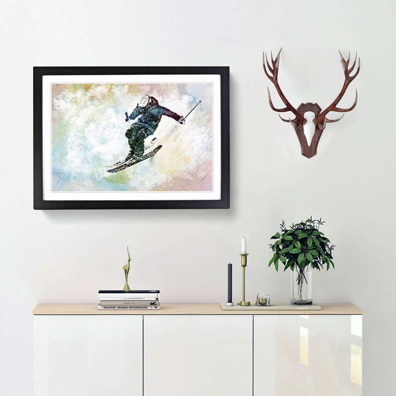 Skiing in Abstract - Picture Frame Painting Print, Black Framed, 62cm H x 87cm W x 2cm D