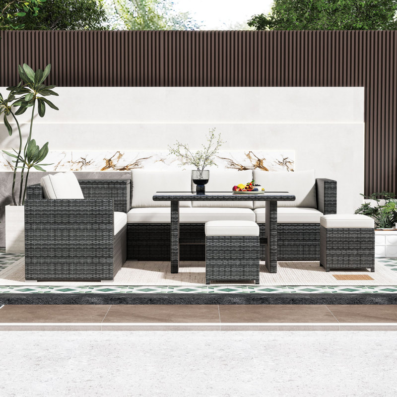Ensemble de canapé d'extérieur en rotin 6 pièces avec rangement réglable, table réglable et table en verre trempé 6 pièces