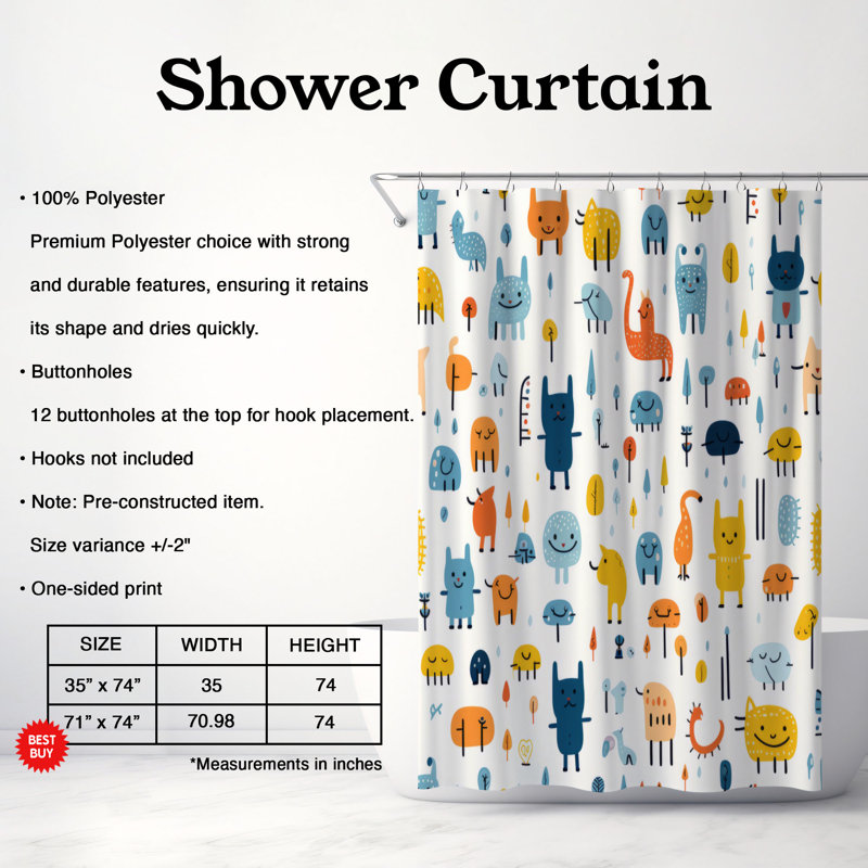 Whimsical Folks - Rideau de douche Premium, H 74 po x l 71 po