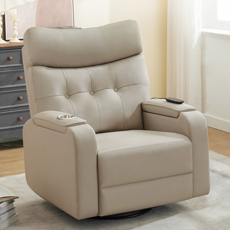 Oversized Modern Faux Leather Swivel and Rocker Power Recliner With Massage and Heat, Double Storage Arm, Cup Holder,Timing and Type-C Port