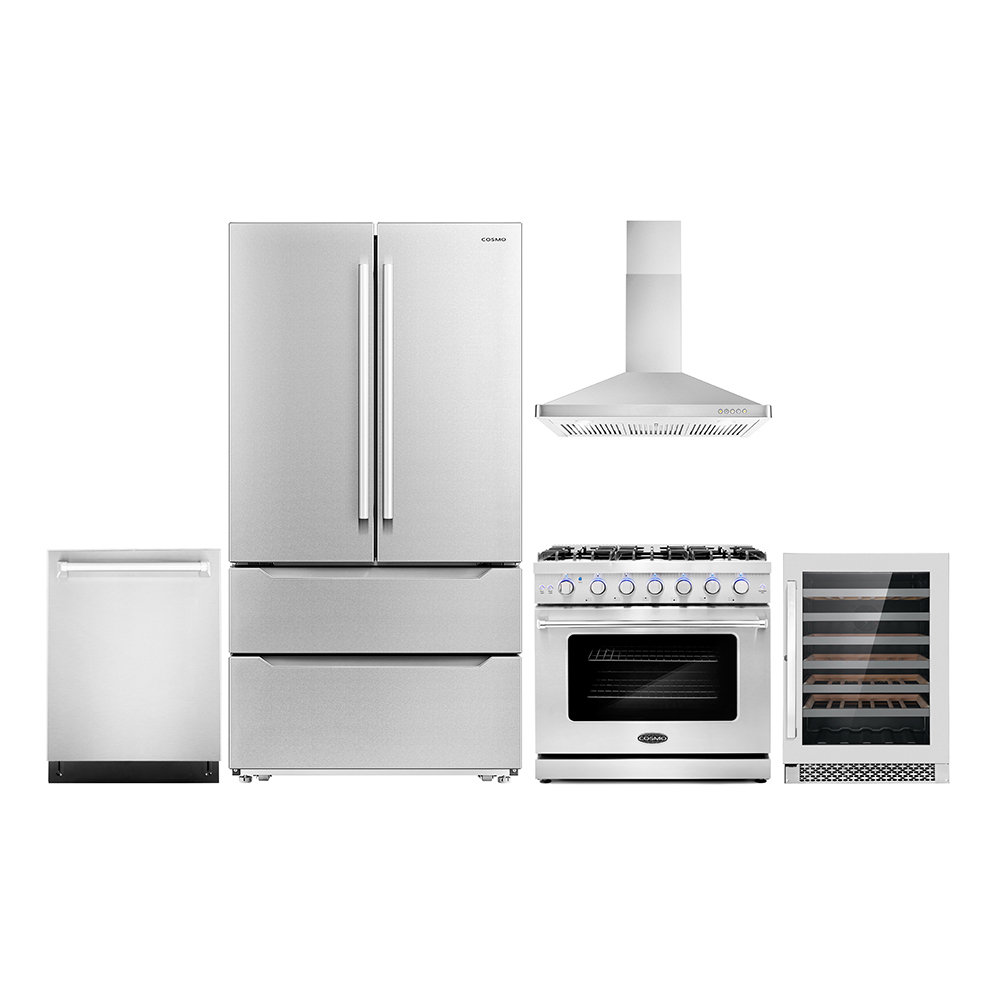 Thor Kitchen 5-Piece Appliance Package - 36-Inch GAS Range, Refrigerator, Wall Mount Hood, Dishwasher, and Wine Cooler in Stainless Steel