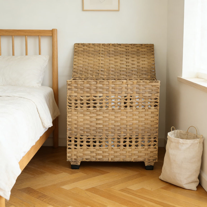 Large Capacity Laundry Hamper With Lid And Removable Liner Bags, Foldable Clothes Basket With Dust-Proof Cover And Raised Base, Synthetic Wicker Storage Organizer For Bedroom